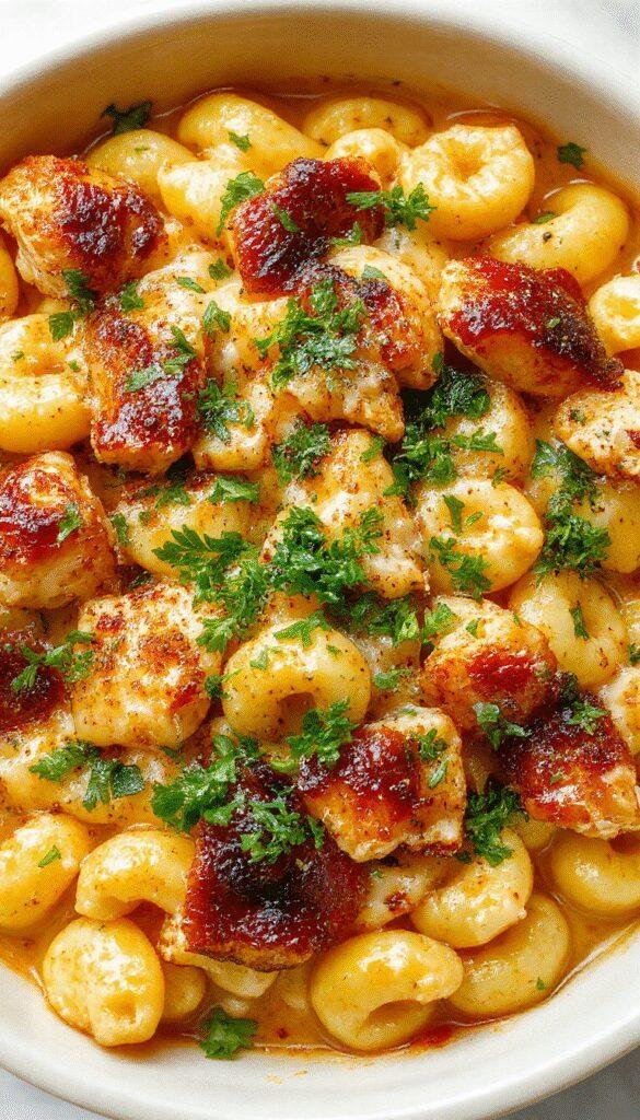 A creamy bowl of Smoky Tangy Chicken Mac and Cheese topped with crispy chicken pieces and a sprinkle of herbs, served with a side of fresh vegetables.