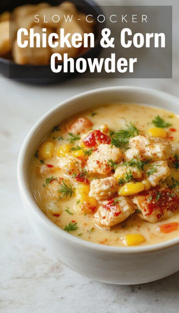 A steaming bowl of hearty chicken and corn chowder in a rustic setting with chunks of chicken, golden corn, and creamy broth garnished with herbs.