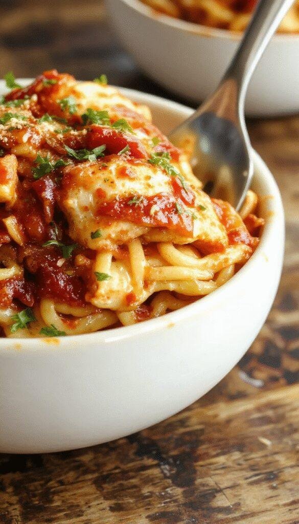 A bowl of Southern Spicy Chicken Spaghetti garnished with fresh herbs and sliced jalapenos, showcasing a hearty and flavorful comfort food dish.