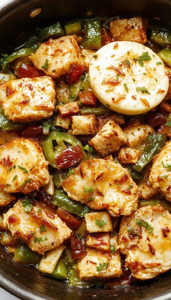 A vibrant turkey and bell pepper skillet on a rustic skillet, garnished with fresh herbs, ready to serve as a quick weeknight meal.