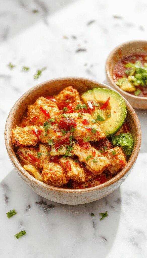 A vibrant chicken bowl featuring crispy, golden-brown chicken pieces topped with a creamy, spicy sauce, garnished with fresh green herbs and colorful vegetables, plated on a rustic wooden table with a drizzle of sauce for visual appeal.