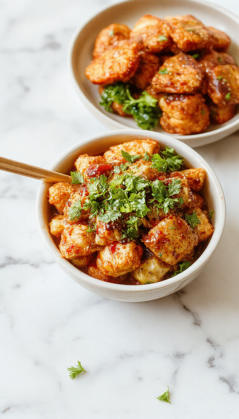 A vibrant chicken bowl featuring crispy, glazed chicken chunks topped with sesame seeds and chopped green onions, served over colorful rice and fresh vegetables, garnished with a drizzle of spicy sauce, beautifully plated in a modern white bowl.