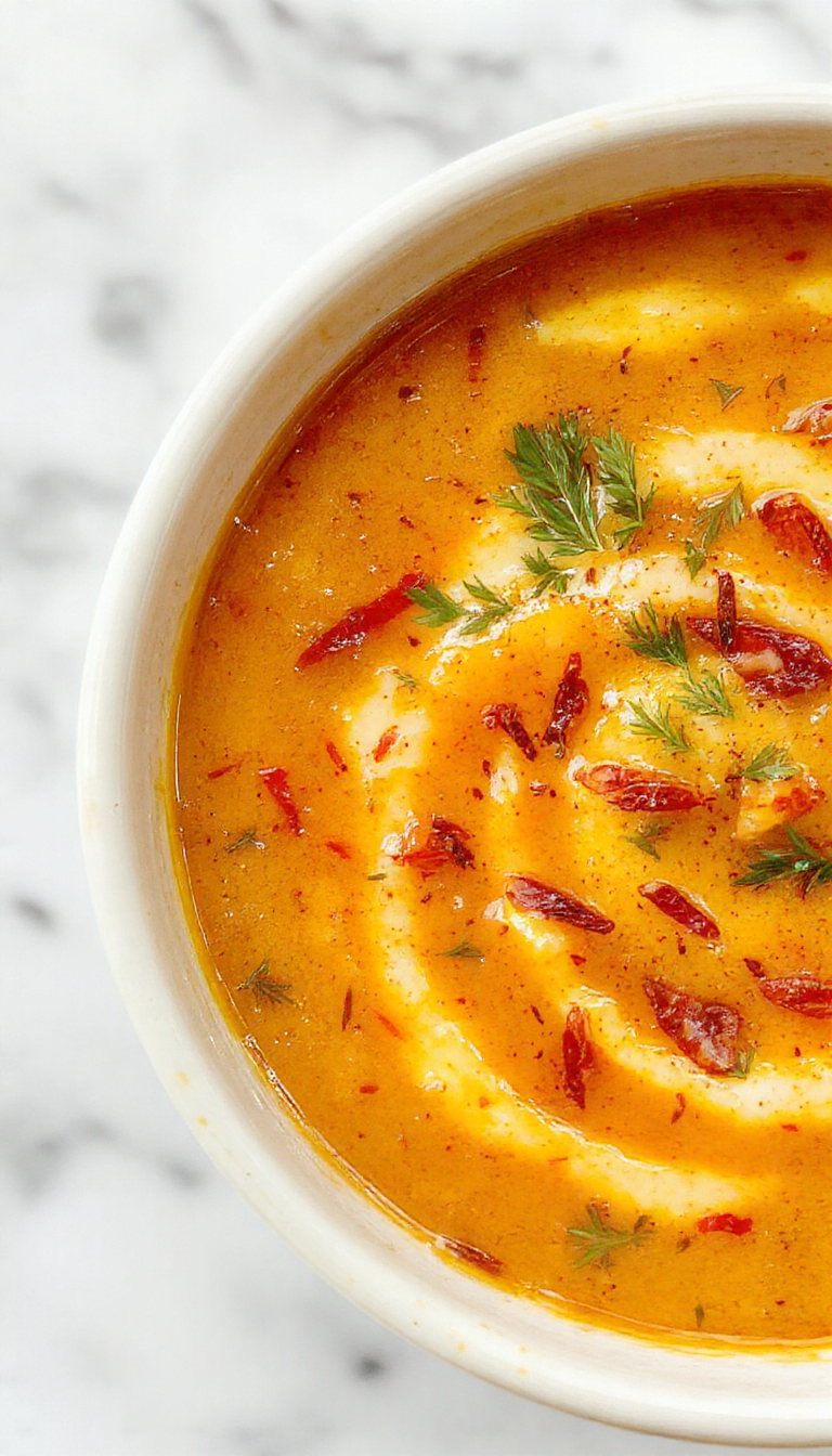 A vibrant bowl of spicy butternut squash and sweet potato soup with a rich orange color, garnished with fresh herbs and a swirl of coconut cream, presented on a rustic wooden table with a spoon inviting you to taste this creamy, spicy dish.