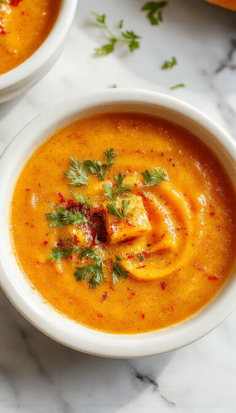 A vibrant bowl of spicy butternut and sweet potato soup topped with a swirl of cream, garnished with fresh herbs, served in a rustic ceramic bowl on a wooden table with a spoon nearby. The soup has a smooth, velvety texture with an inviting orange hue.