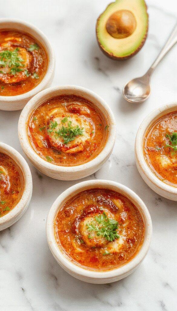 A vibrant bowl of Chile Relleno Soup showcasing roasted green chilies, melted cheese, and a rich tomato broth garnished with cilantro and crumbles of cheese, beautifully plated with a rustic spoon on a wooden table.
