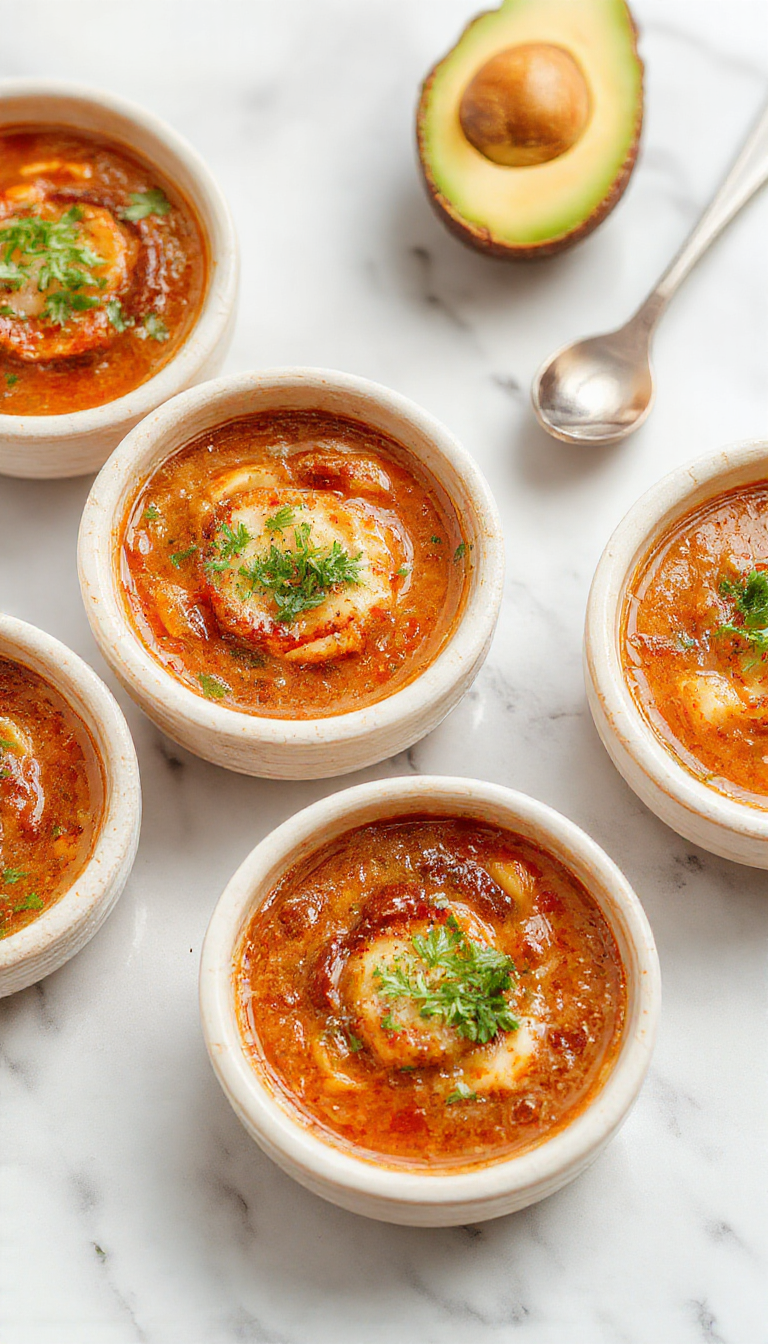 A vibrant bowl of Chile Relleno Soup showcasing roasted green chilies, melted cheese, and a rich tomato broth garnished with cilantro and crumbles of cheese, beautifully plated with a rustic spoon on a wooden table.