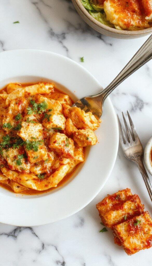 A vibrant plate of creamy Cajun chicken pasta featuring tender grilled chicken slices coated in a red and orange Cajun spice sauce, topped with fresh chopped parsley, served on a white ceramic plate with a fork, surrounded by colorful bell peppers and a creamy sauce drizzle for visual appeal.