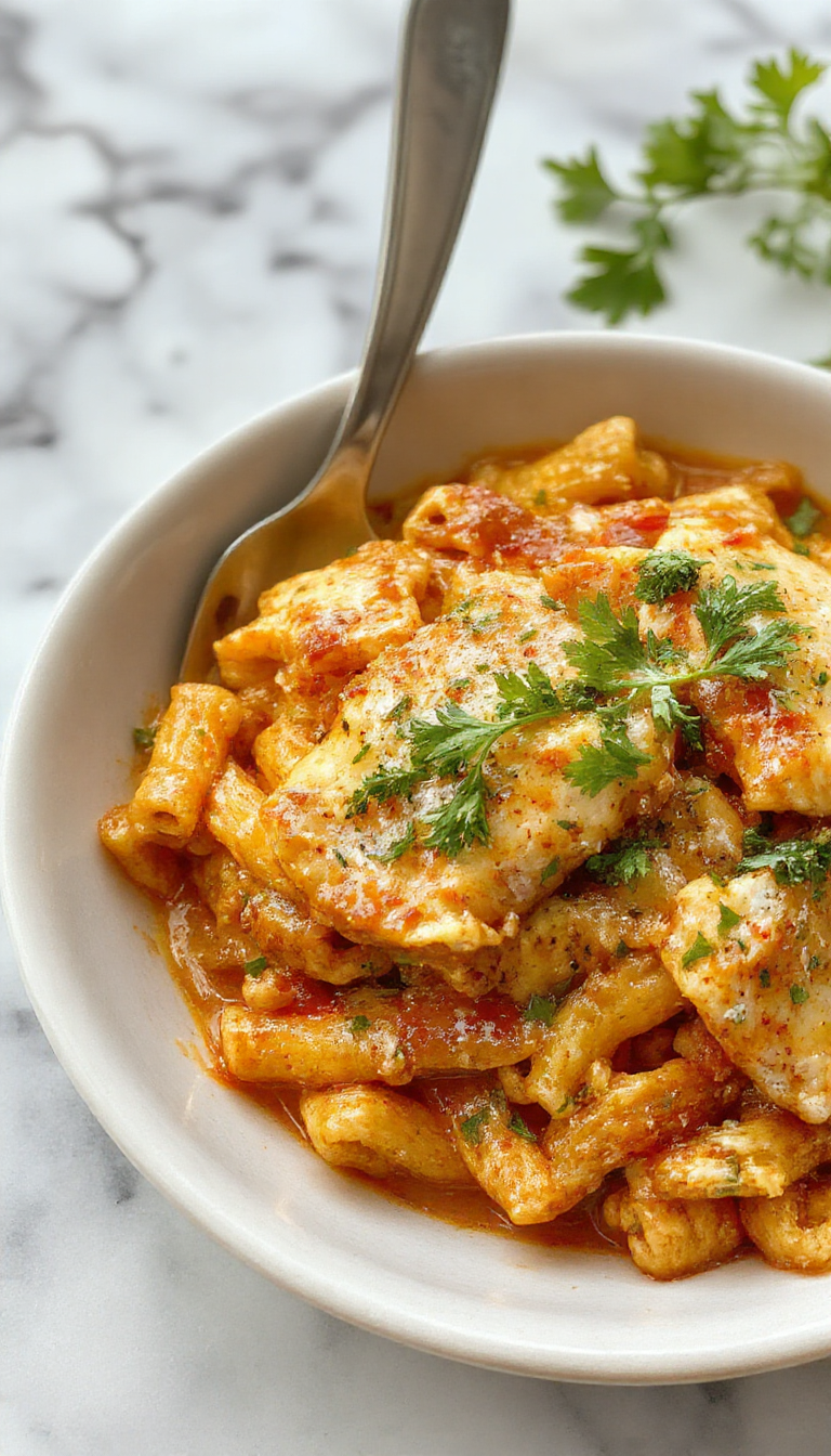 A vibrant plate of creamy Cajun chicken pasta garnished with fresh herbs, showcasing tender sliced chicken and colorful bell peppers in a rich, smoky sauce with a glossy finish, styled on a rustic wooden table with a hint of spice and fresh ingredients around.