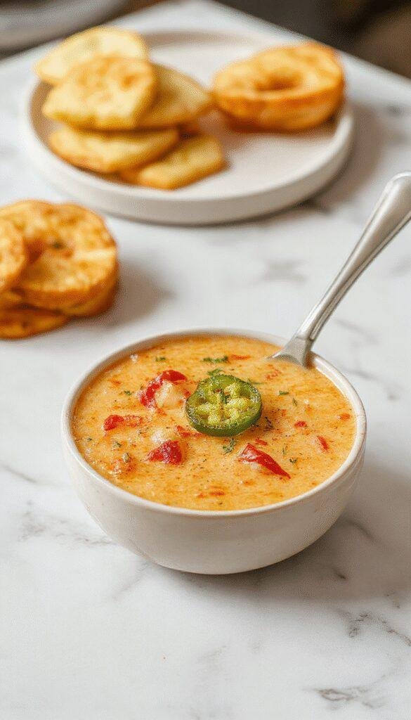 A vibrant bowl of jalapeno popper soup featuring a creamy, golden base topped with melted cheese, fresh chopped jalapenos, and a sprinkle of herbs. The soup is presented in a rustic white bowl on a wooden table with garnishes visible, emphasizing its spicy and cheesy appeal.