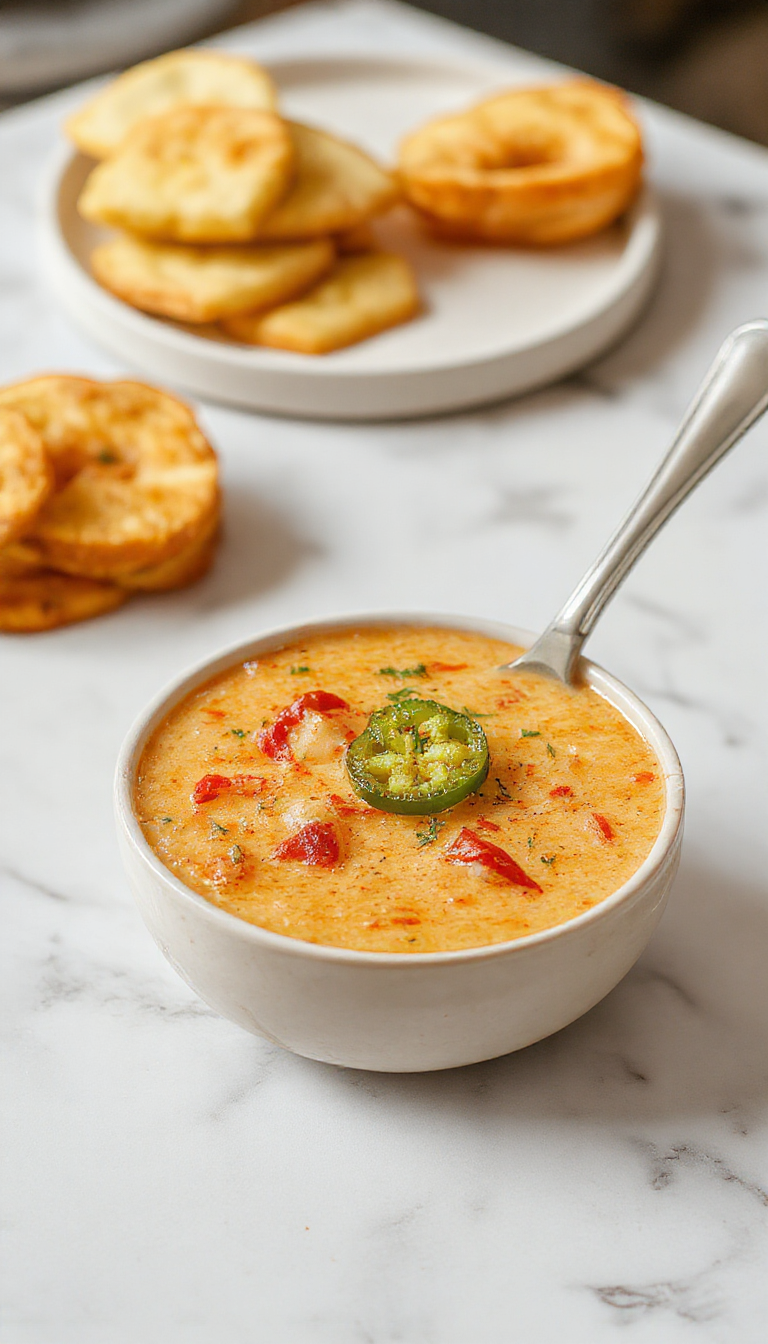 A vibrant bowl of jalapeno popper soup featuring a creamy, golden base topped with melted cheese, fresh chopped jalapenos, and a sprinkle of herbs. The soup is presented in a rustic white bowl on a wooden table with garnishes visible, emphasizing its spicy and cheesy appeal.