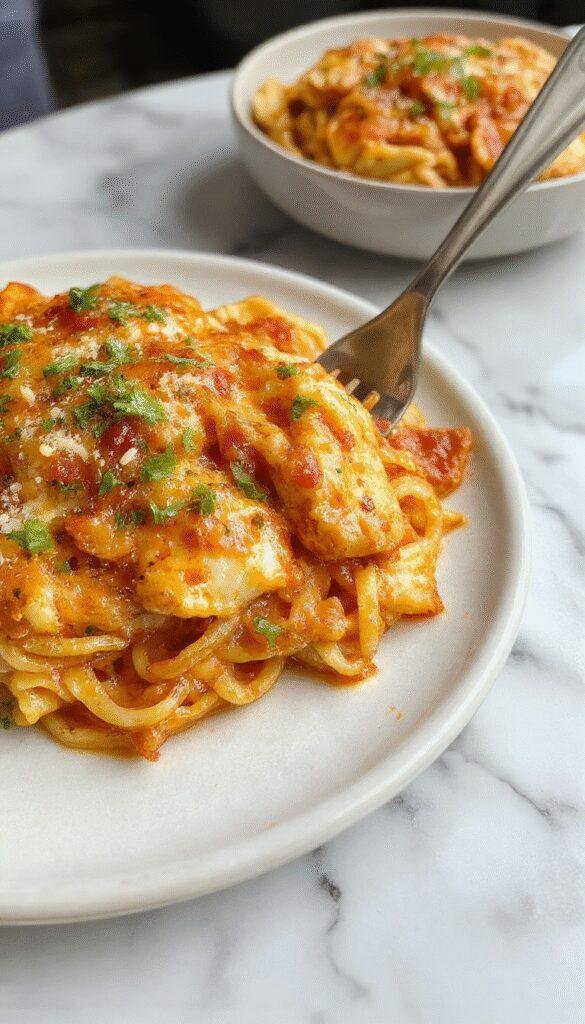 A vibrant plate of spicy southern chicken spaghetti casserole topped with melted cheese, garnished with fresh herbs, served in a rustic skillet with steam rising, highlighting golden browned edges and a hearty, flavorful interior.