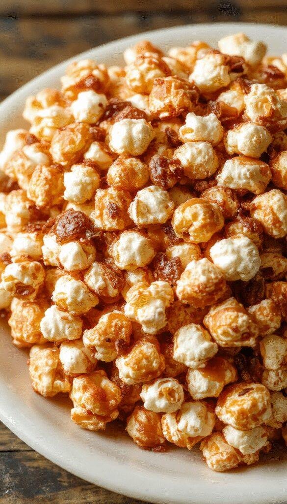 A spooky Halloween-themed bowl of caramel popcorn with ghost and pumpkin-shaped decorations, perfect for autumn treats.