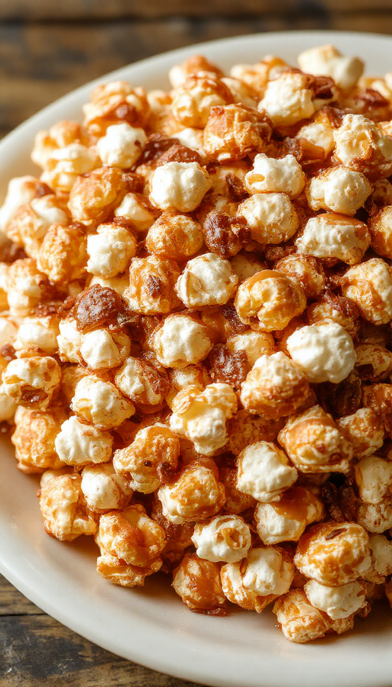 A spooky Halloween-themed bowl of caramel popcorn with ghost and pumpkin-shaped decorations, perfect for autumn treats.