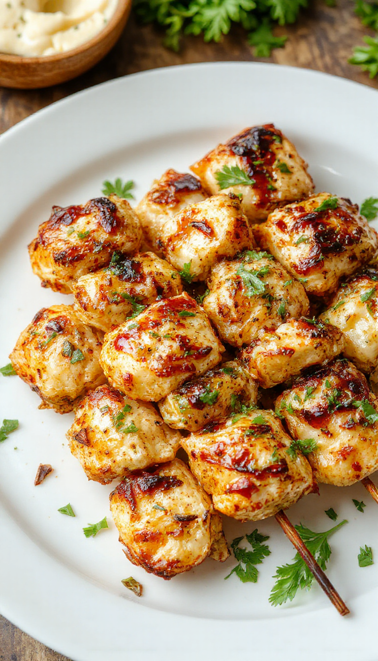 Colorful grilled chicken skewers garnished with fresh herbs and grated Parmesan cheese, set against a summer outdoor background.