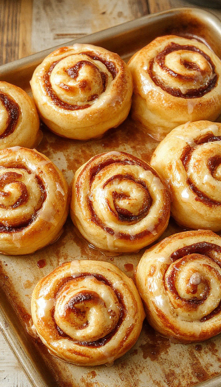 Freshly baked Sunrise Sweet Rolls with golden brown tops, soft swirls, and a drizzle of icing on a rustic wooden table.