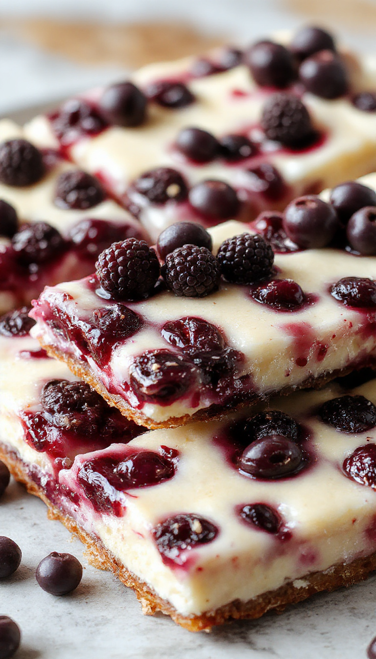 A close-up of a tray of blueish-white blueberry cheesecake bars topped with fresh blueberries and a drizzle of glaze, served on a rustic wooden table.