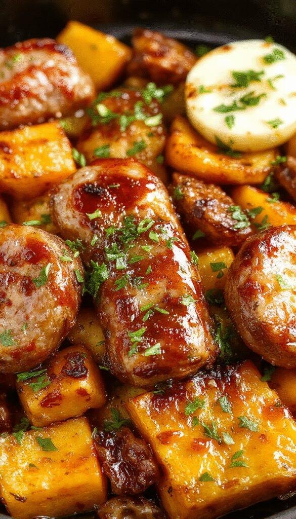 A sizzling skillet filled with golden roasted sweet potatoes and juicy honey garlic sausages garnished with fresh herbs