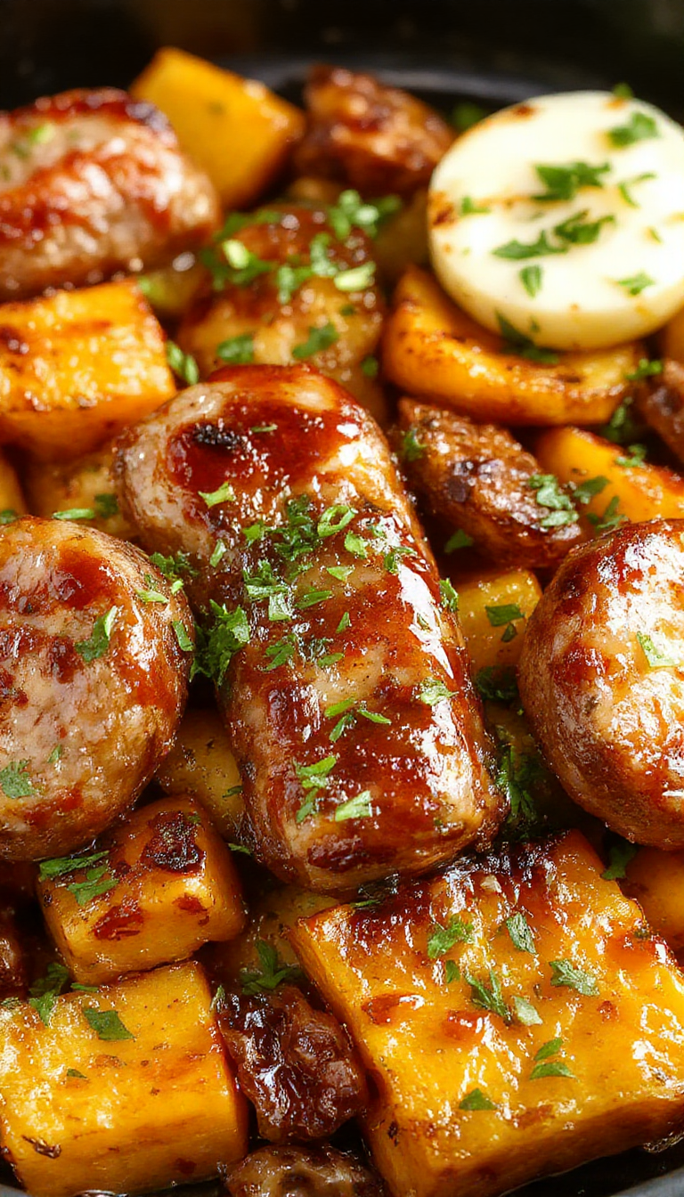 A sizzling skillet filled with golden roasted sweet potatoes and juicy honey garlic sausages garnished with fresh herbs