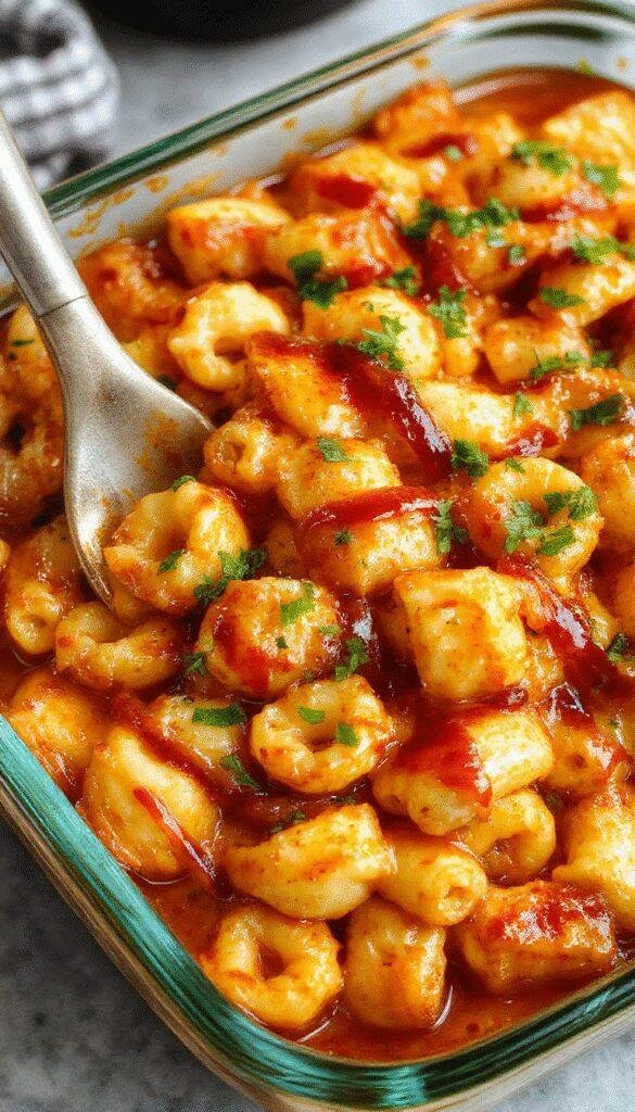 A plate of creamy macaroni and cheese topped with smoky honey glazed barbecue chicken pieces and garnished with fresh herbs.