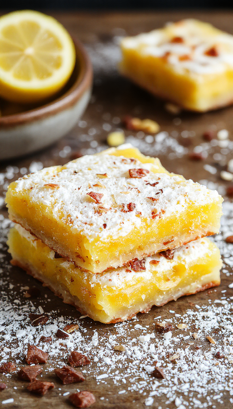 A close-up of a lemon bar with a golden crust, topped with a glossy lemon glaze and a dusting of powdered sugar, garnished with lemon zest.