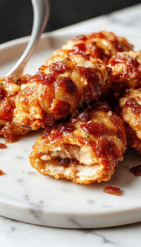 Colorful plate featuring golden-brown chicken tenders glazed with caramelized brown sugar, crispy streaks of bacon, garnished with fresh herbs, served with a side of vibrant vegetables, styled on rustic wooden table with drizzles of sauce.
