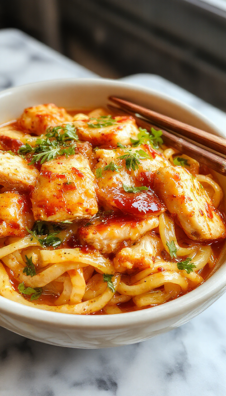 A vibrant plate featuring sticky garlic chicken nestled on a bed of glossy, perfectly cooked noodles. The dish is garnished with fresh chopped green onions and sesame seeds, with a drizzle of savory sauce. The colors include golden-brown chicken, shiny noodles, bright green herbs, and white sesame seeds, styled on a rustic white plate with a wooden background emphasizing warmth and freshness.