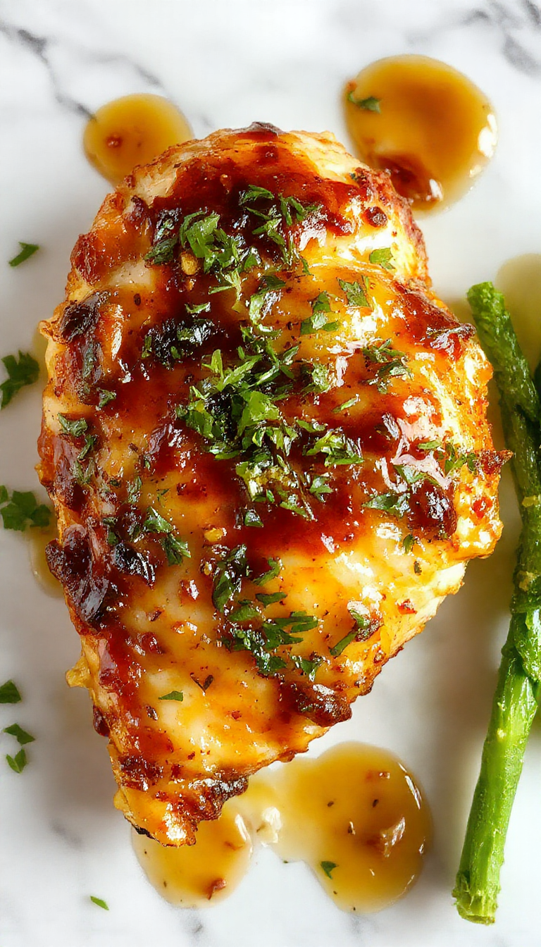 A close-up of perfectly cooked honey garlic chicken breasts glazed with a shiny, golden sauce, garnished with chopped green onions and sesame seeds, plated on a white plate with vibrant vegetables in the background.