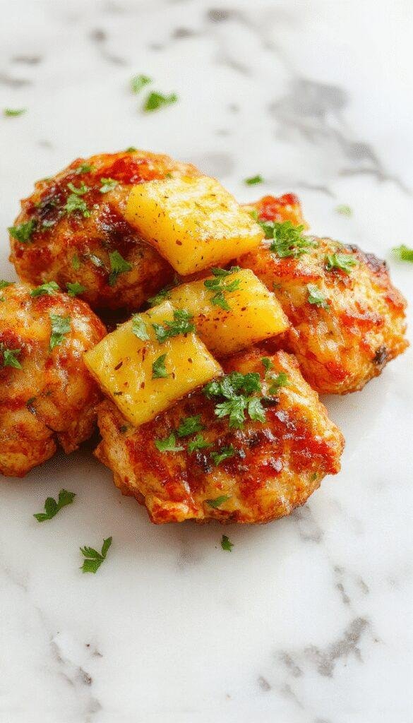 A vibrant plate of golden-brown chicken glazed with caramelized pineapple chunks, garnished with green herbs, presented on a clean white plate with a glossy sauce drizzle, colorful pineapple and vegetable accent pieces in the background.