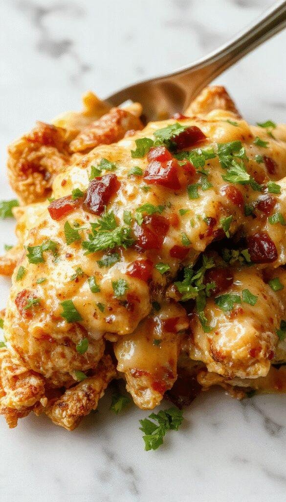 Colorful skillet filled with golden-brown chicken breasts topped with melted cheese, vibrant red and green bell peppers, and fresh cilantro, plated in a rustic cast iron pan with a side of lime wedges and chopped herbs, steam rising from the hot dish