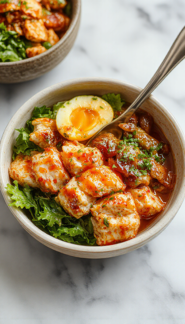 A vibrant bowl featuring golden-brown crispy chicken pieces glazed with glossy honey sauce, topped with red pepper flakes and green scallions, served over a bed of colorful vegetables and grains, with a rustic wooden background.