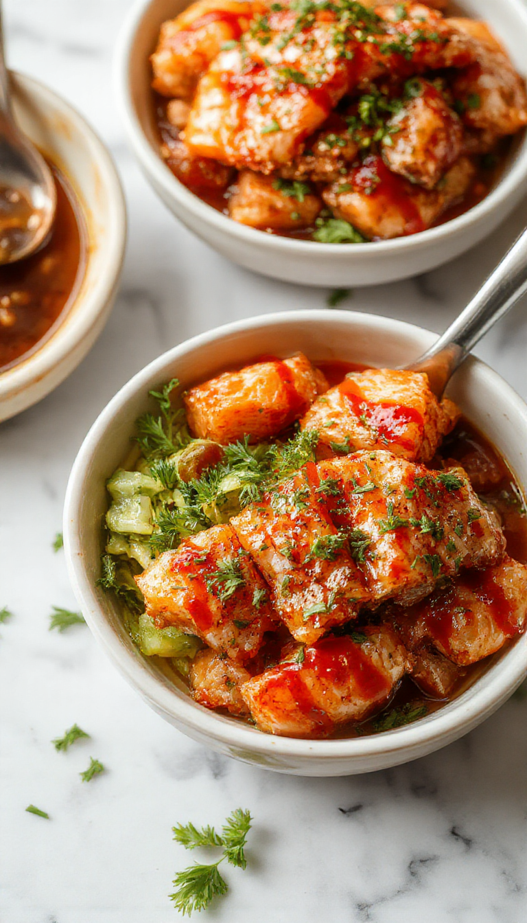 Colorful salmon bowls featuring glazed salmon fillets drizzled with honey and spicy Sriracha sauce, garnished with green onions and sesame seeds, served over a bed of rice with vibrant vegetables, styled on a white plate with a rustic wooden background.