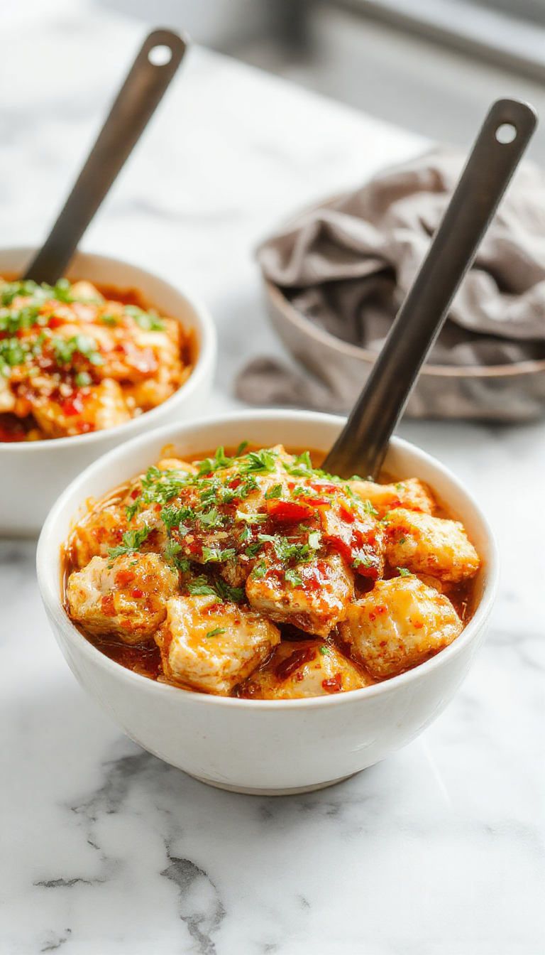 A vibrant bowl filled with golden-brown crispy chicken pieces drizzled with bright amber hot honey sauce, garnished with green herbs and sesame seeds, served alongside colorful chopped vegetables on a rustic wooden table