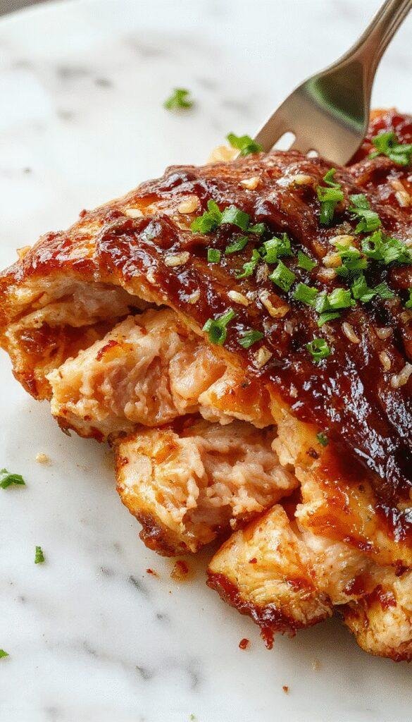 A close-up of a perfectly cooked chicken breast with golden-brown crispy skin, sliced to reveal juicy, tender meat inside, served on a white plate with a sprig of fresh herbs and a light sauce drizzled over.