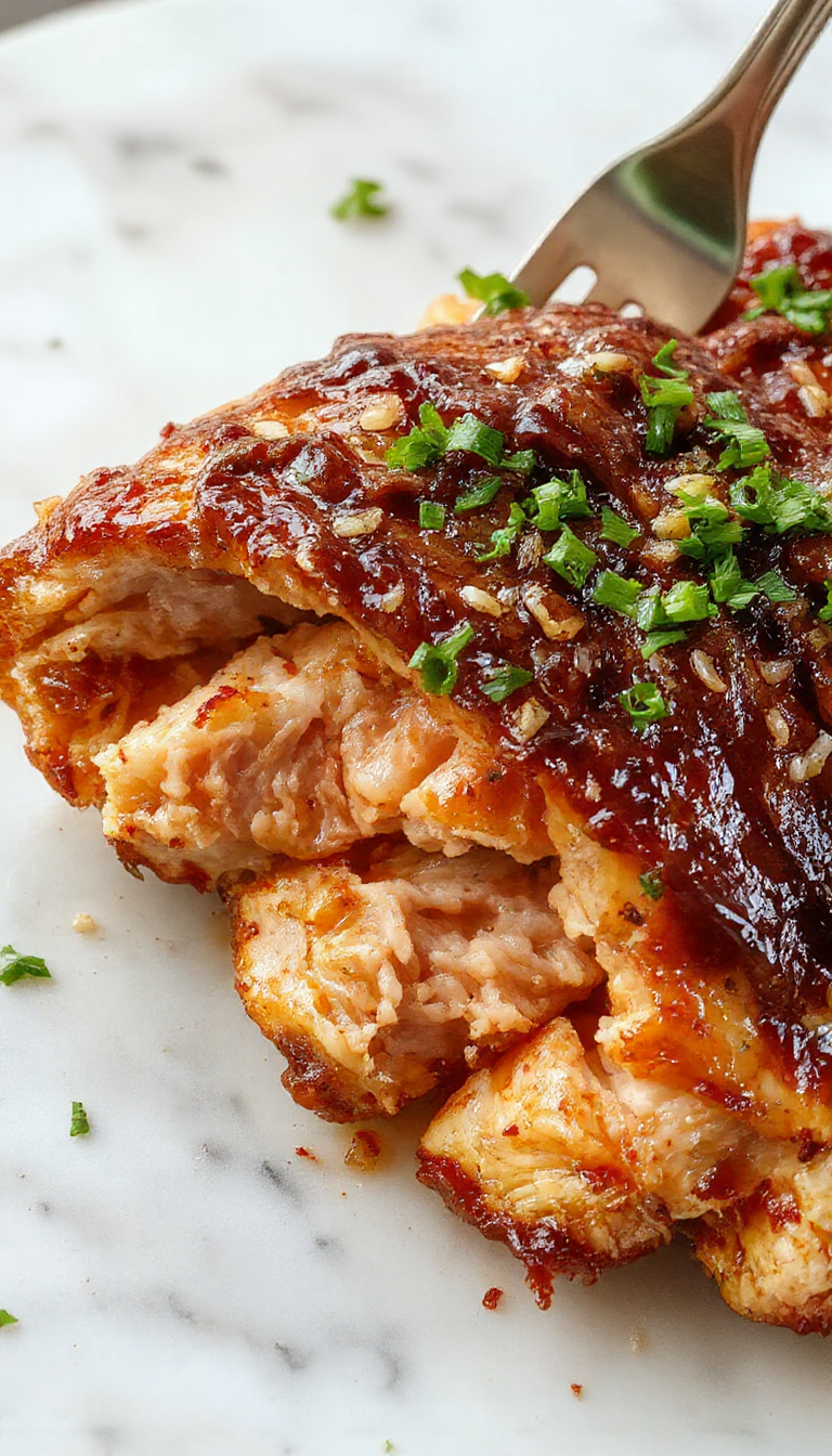 A close-up of a perfectly cooked chicken breast with golden-brown crispy skin, sliced to reveal juicy, tender meat inside, served on a white plate with a sprig of fresh herbs and a light sauce drizzled over.