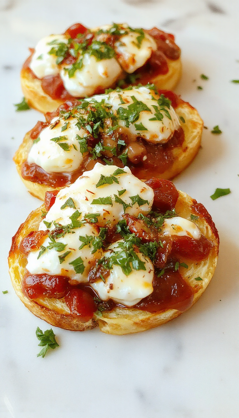 A close-up of toasted baguette slices topped with creamy burrata cheese, fresh basil leaves, cherry tomatoes, and a drizzle of balsamic glaze.