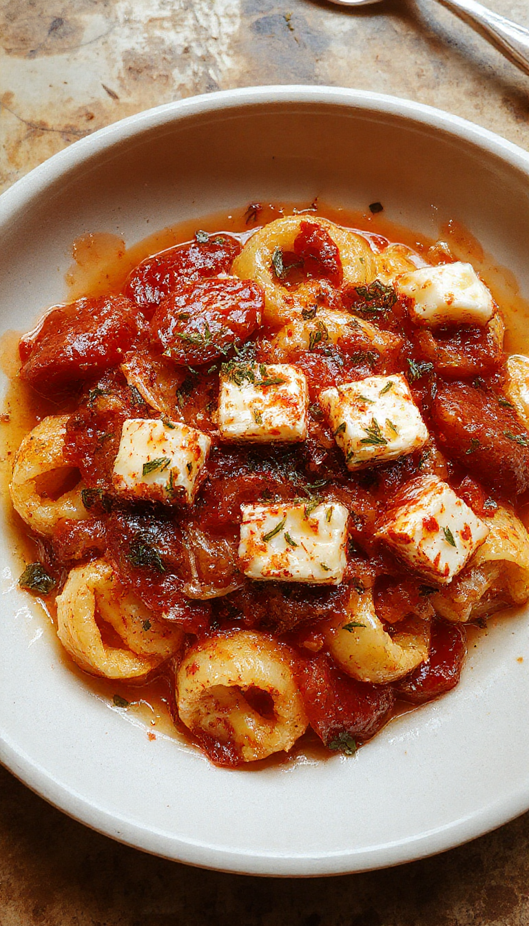 A plate of oven-roasted feta and tomato pasta garnished with fresh herbs, showcasing golden baked feta cheese melted over colorful roasted tomatoes and pasta.