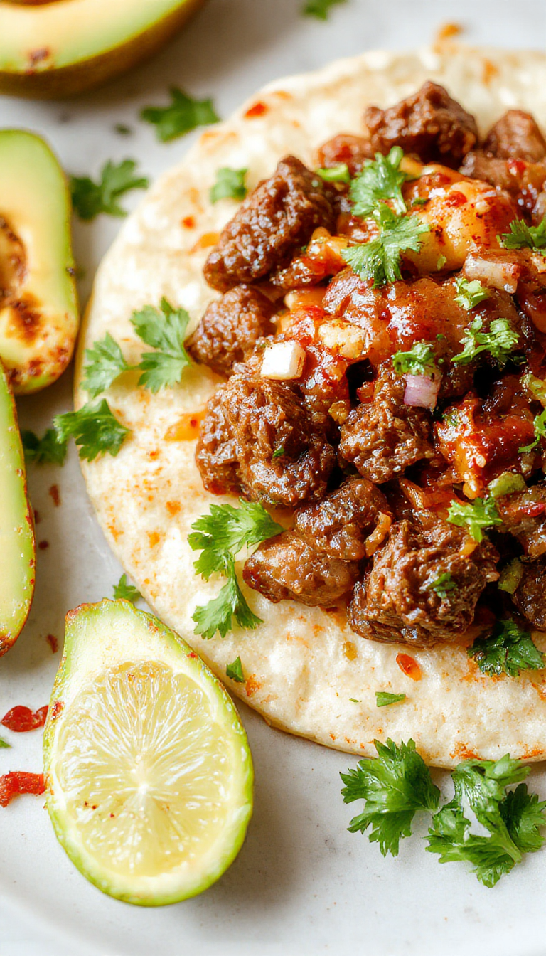 A plate of vibrant Beef Birria Tacos filled with juicy shredded beef, garnished with cilantro and onions, with a side of rich dipping broth.