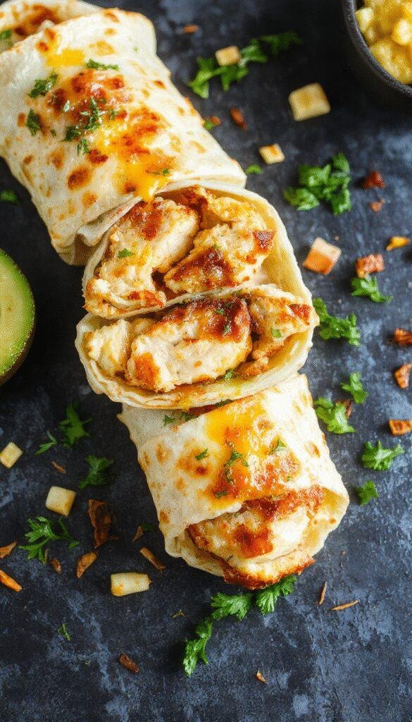 A close-up of cheesy garlic chicken wraps filled with tender chicken, melted cheese, and fresh greens, wrapped in a golden tortilla.