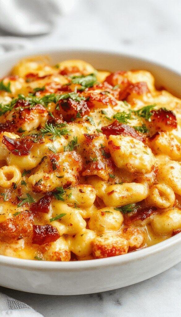 A creamy baked mac and cheese dish topped with smoky, tangy chicken pieces and melted cheese, served in a baking dish.