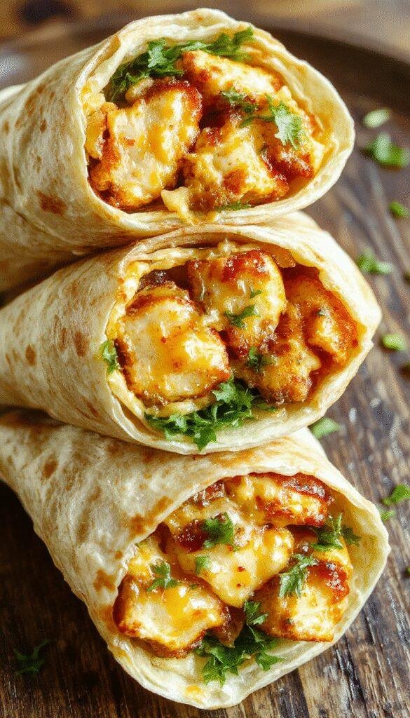 Close-up of cheesy garlic chicken wraps filled with melted cheese, crispy chicken, and fresh greens, wrapped in a soft tortilla.