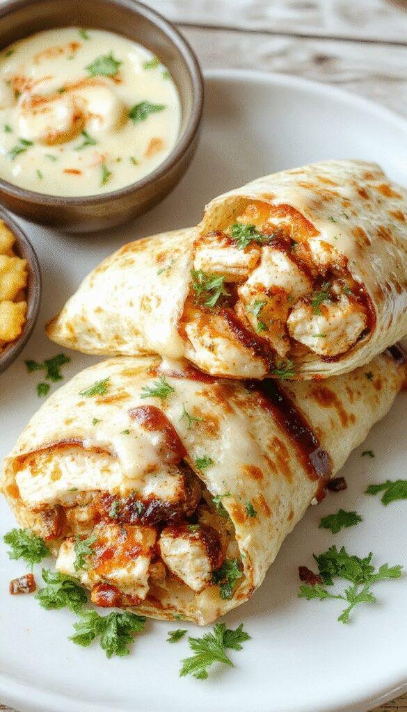 A close-up of cheesy garlic chicken wraps filled with tender grilled chicken, melted cheese, and fresh herbs, served with a side of dipping sauce.