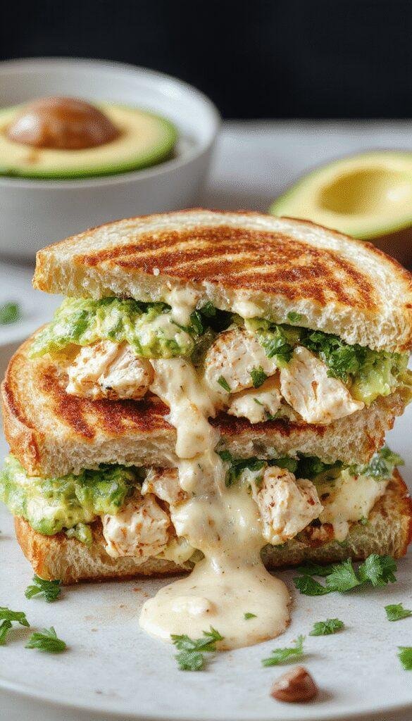 A delicious creamy chicken and avocado melt sandwich garnished with fresh herbs, melted cheese, and crispy bread.