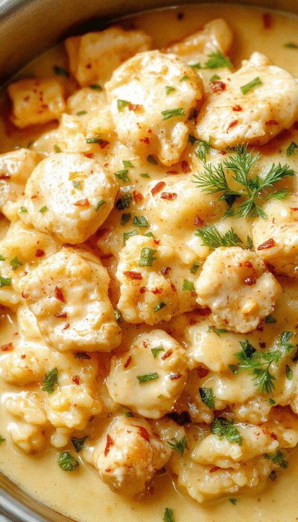 A bowl of creamy chicken and rice garnished with herbs, showcasing a rich, comforting meal with tender chicken pieces and fluffy rice.