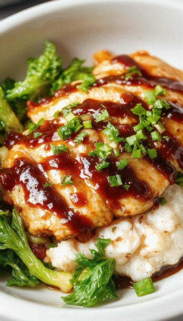 Juicy and tender slow cooker teriyaki chicken served on a white plate garnished with sesame seeds and green onions, with a background of steamed rice and vegetables.