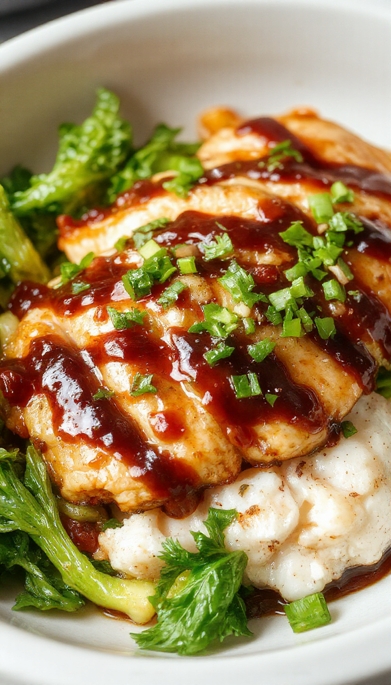Juicy and tender slow cooker teriyaki chicken served on a white plate garnished with sesame seeds and green onions, with a background of steamed rice and vegetables.
