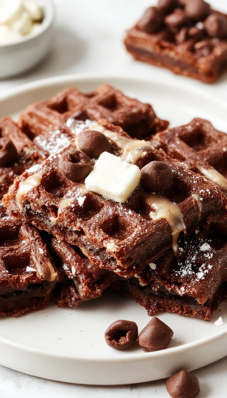 A close-up of rich, fudgy flourless waffle brownies topped with a dusting of powdered sugar and fresh berries, showcasing their decadent texture.