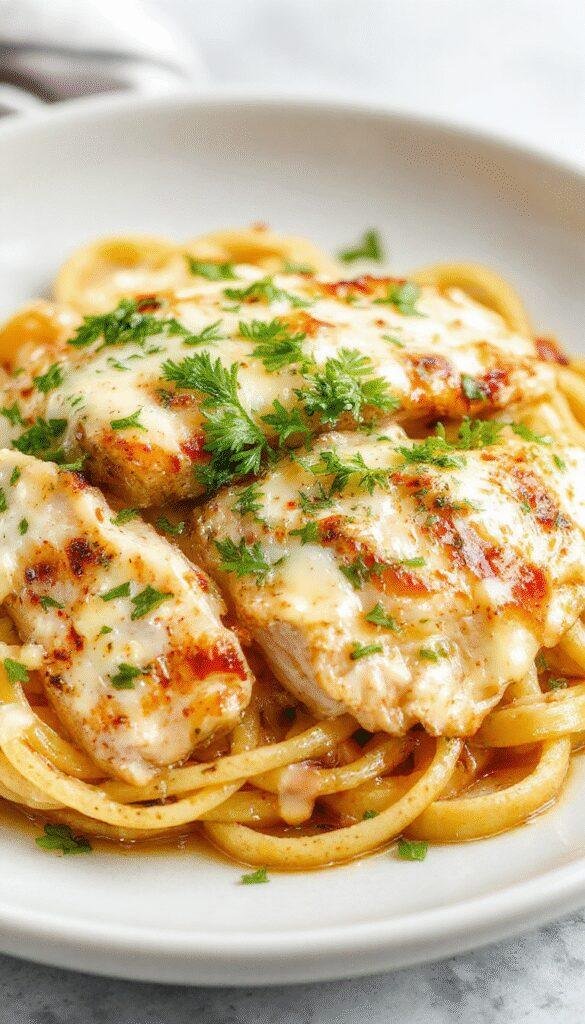 A plate of creamy grilled chicken Alfredo pasta garnished with parsley and grated cheese, showcasing tender chicken slices atop fettuccine in a rich white sauce.