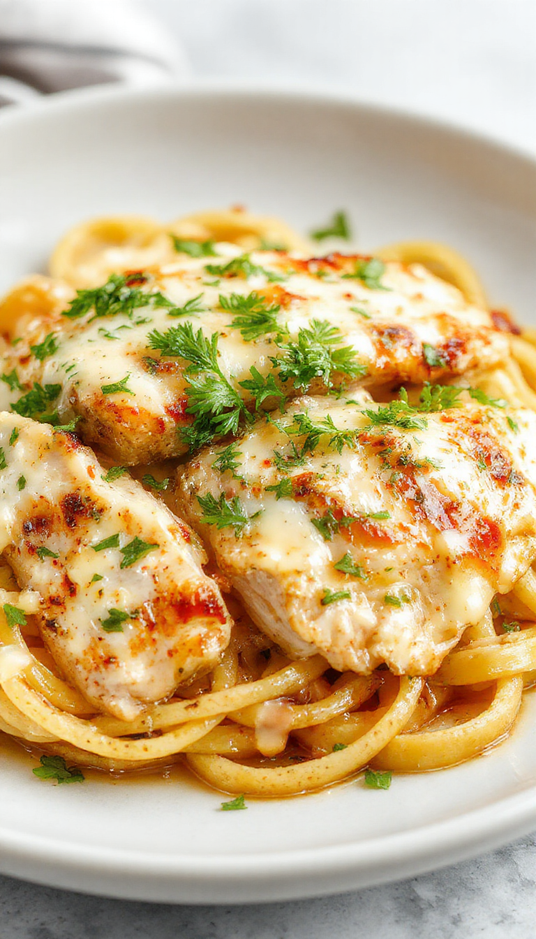 A plate of creamy grilled chicken Alfredo pasta garnished with parsley and grated cheese, showcasing tender chicken slices atop fettuccine in a rich white sauce.