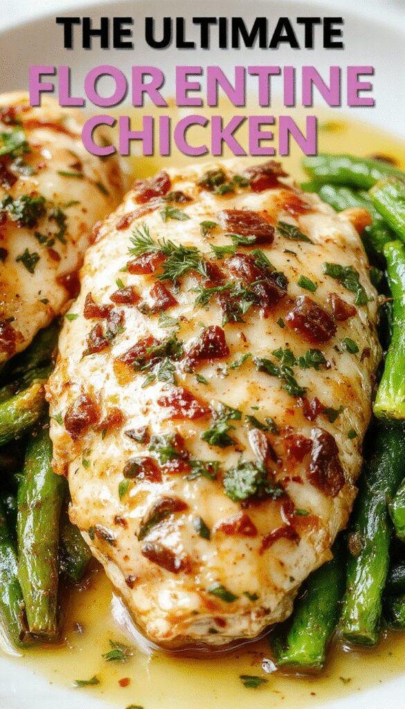 A plate of succulent Florentine chicken garnished with fresh herbs, spinach, and melted cheese, served with roasted vegetables on the side.