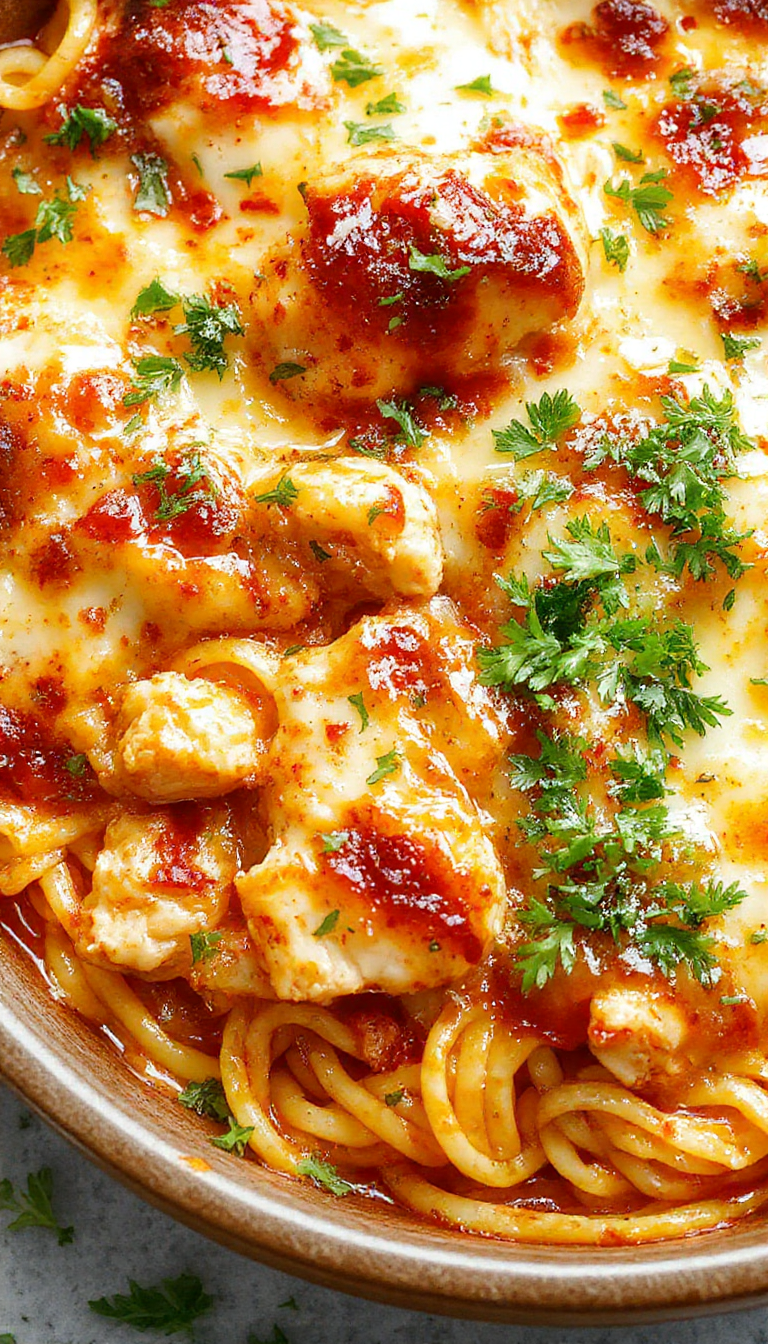 A deliciously cheesy spicy Southern chicken spaghetti bake in a casserole dish garnished with fresh herbs.